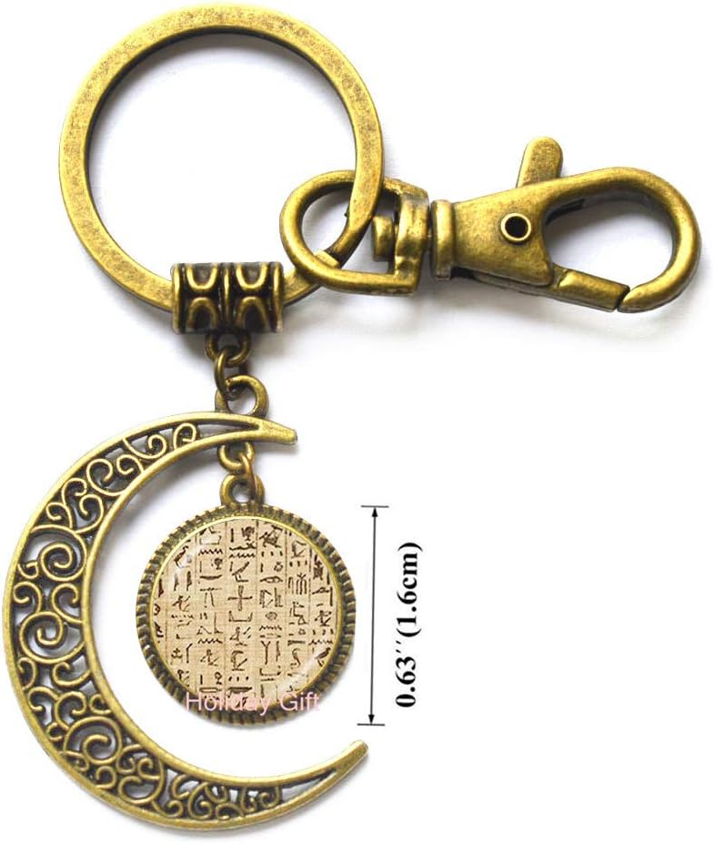 Fashion Moon Keychain,Egyptian Hieroglyphics Moon Keychain Muslim Paper Egypt Writing Picture Key Ring Ancient Egypt Jewelry Fashion Accessories,H004