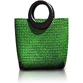 QTKJ Hand-woven Womens Straw Large Boho Handbag Bag for Women, Summer Beach Rattan Tote Travel Bag with Wood Round Top Handle (Green)