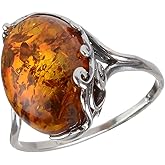 HolidayGiftShops Sterling Silver Baltic Honey Amber Ring for Women – Genuine Natural Amber Oval Cabochon, 925 Silver, GIA Certified
