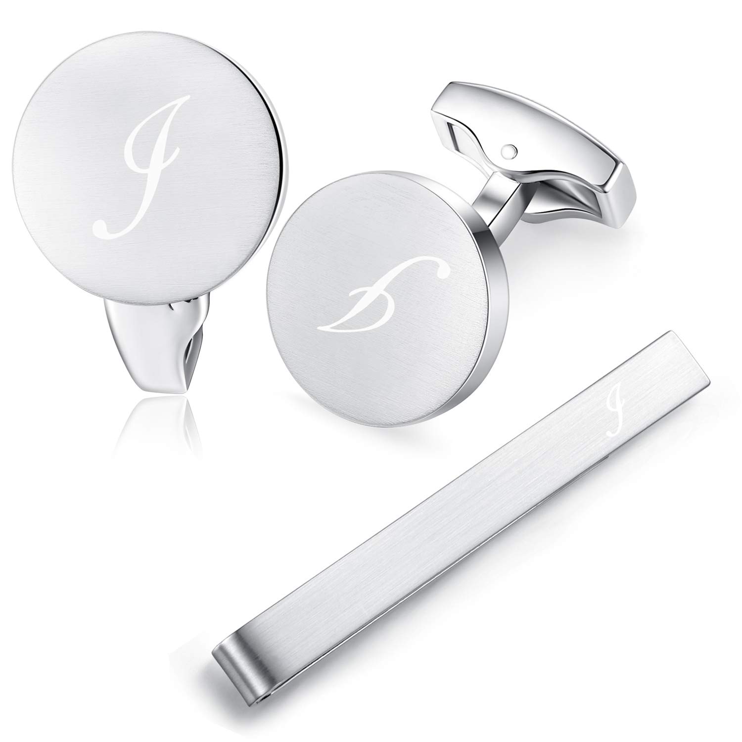 HONEY BEAR Initial Alphabet Letter Cufflinks Tie Clip Set for Mens - Round Stainless Steel, for Business Wedding Gift,Brushed Silver (I)