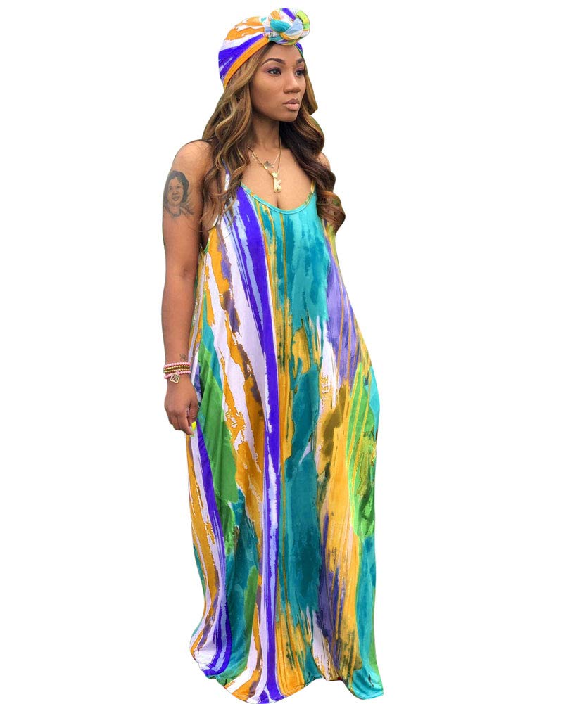 Floral Printed Lanie Multi Wave Maxi Dresses Adjustable Spaghetti Strap Loose Straight Mopping Dress with Pockets Blue
