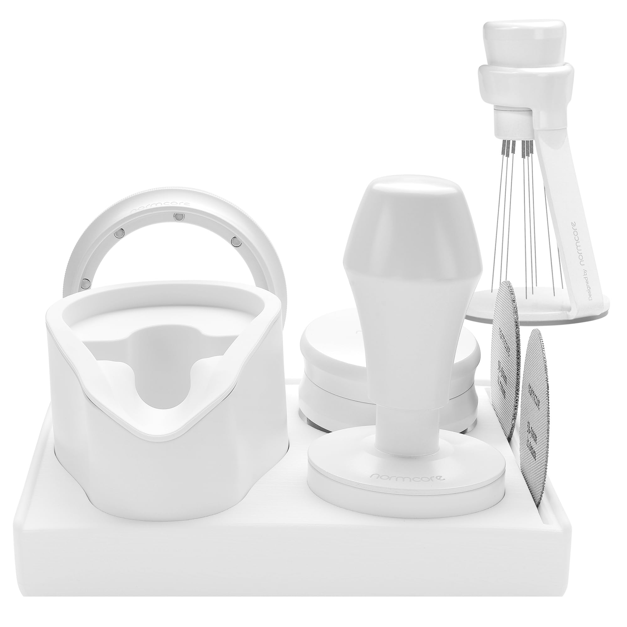Photo 1 of Normcore 53.3mm 7-in-1 Compact Barista Kit: Coffee Tamper, Distributor Tool, WDT with Stand, Dosing funnel, Puck Screen, Tamping Mat, Portafilter Stand, Barista Kit for Breville Sage 54mm, White