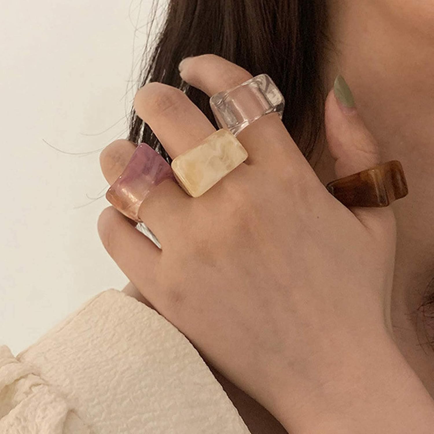 Chunky Rings Colorful, Resin Acrylic Ring for Women Teen Girls, Y2K Plastic Rings, Vintage Stacking Rings, Cute Square Transparent Dark Brown Purple Blue Brown Beige Black White Rings, Trendy Jewelry: Clothing