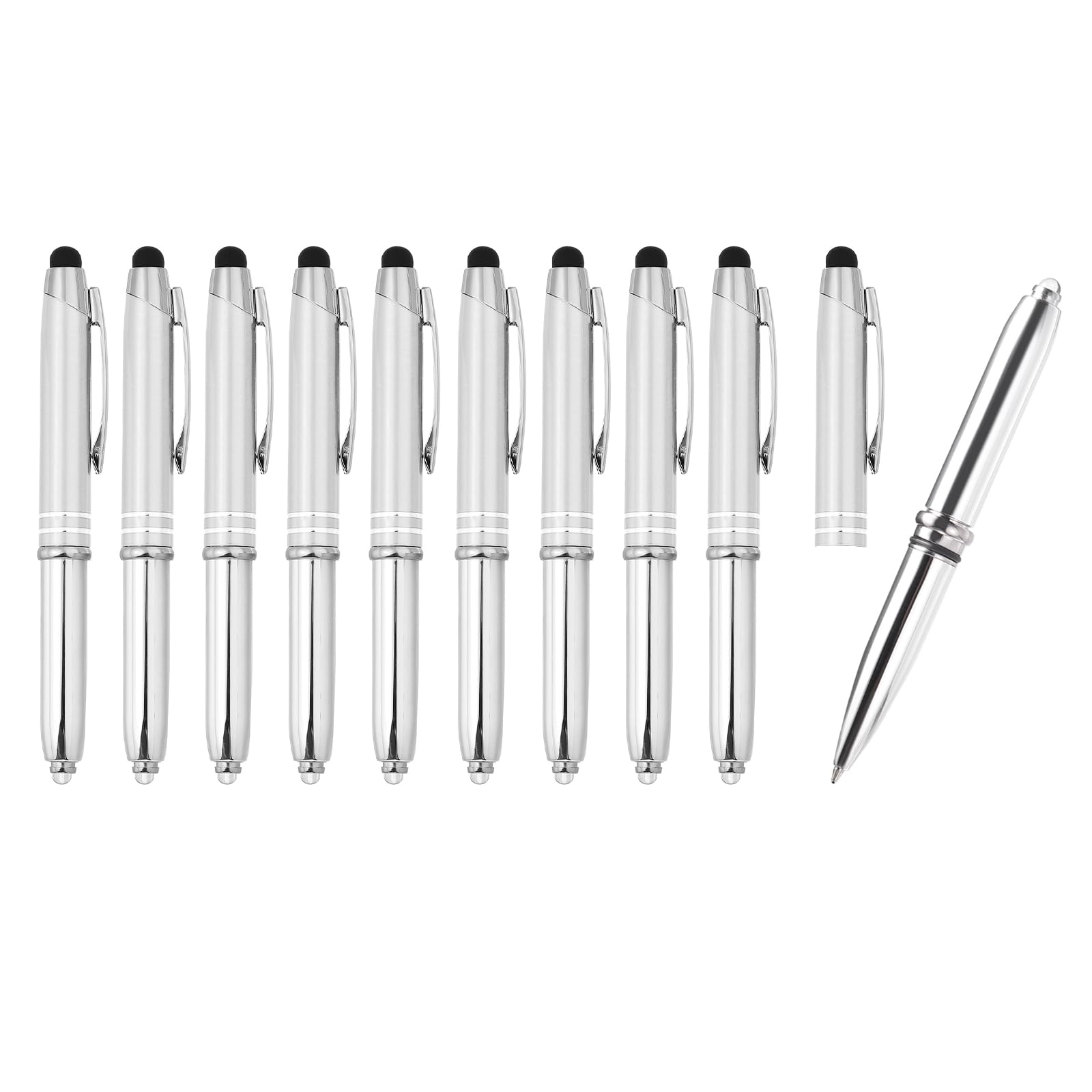 PATIKIL Ballpoint Pen with Stylus Tip and LED Flashlight, 10 Pack 3 in 1 Metal Pen Black Ink 1.0mm Medium Point Stylus Pen for Touch Screens, White