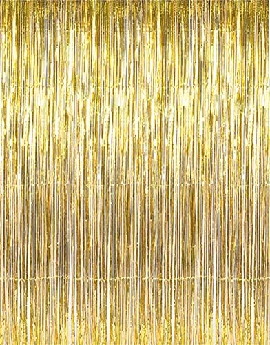JINLE Metallic Tinsel Foil Fringe Curtains,3.2 ft x 6.56 ft for Party Photo Backdrop Wedding Decor (2 Packs, Golden)