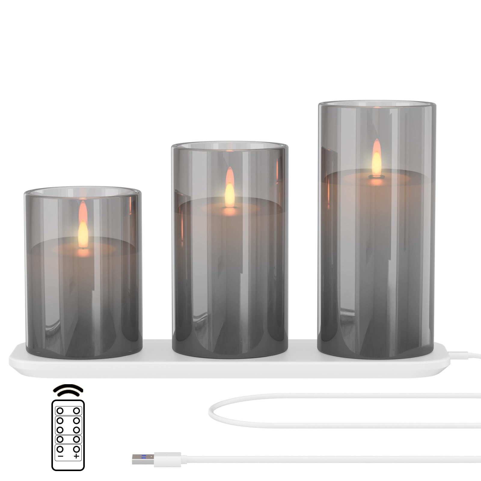 EXTSUD Set of 3 Rechargeable LED Glass Candles with Charging Station and Remote Control - Flickering Flameless Decorative Candles for Parties, Birthdays, Weddings, Table Decoration