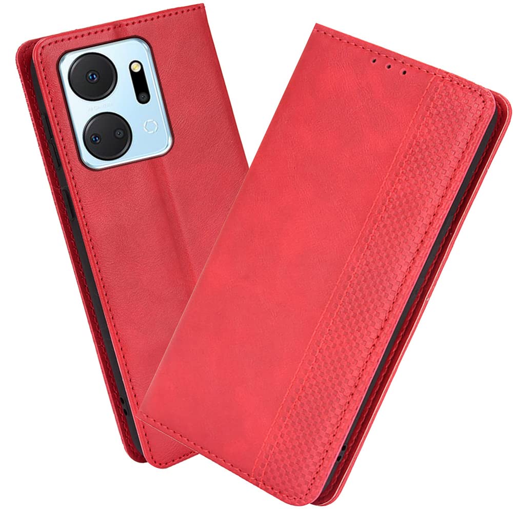 XINNI Protective Phone Case for Honor X7a, PU/TPU Vintage Flip Leather Shockproof Cover Magnetic Book Style Wallet, Red — image 1