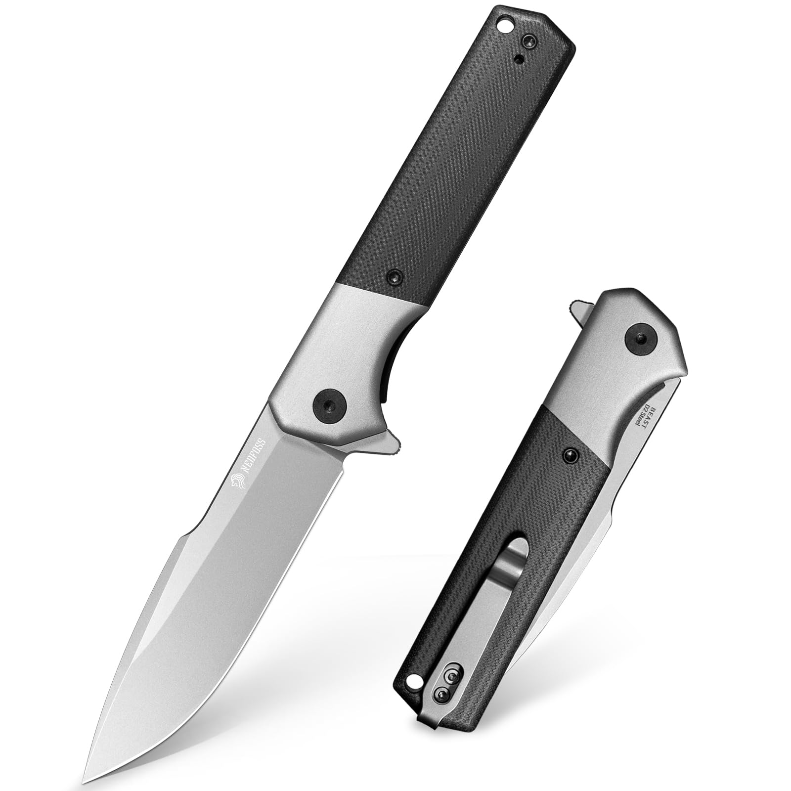 NedFoss BEAST Klappmesser, Klingenlänge 10cm aus D2 Stahl Taschenmesser mit G10 Griff, Einhandmesser mit Liner Lock & Kugellager, Outdoor Messer mit Clip, Survival Messer für Sammlung & Geschenk