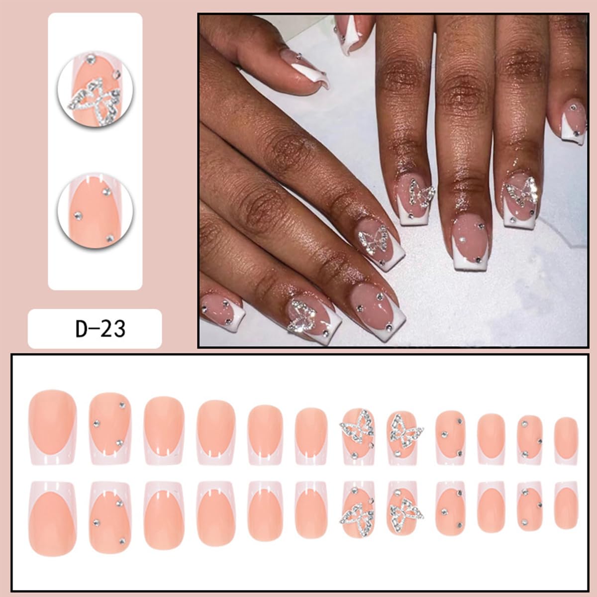24pcs Short Press-on Nails: Square French Tip with Charms, Butterfly Designs, White Tips, Full Cover Glue-on Nails for Women's Finger Manicure - Image 2