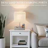 Briever USB Bedside Table Lamp with 3 USB Ports Silver Wood Base view 9
