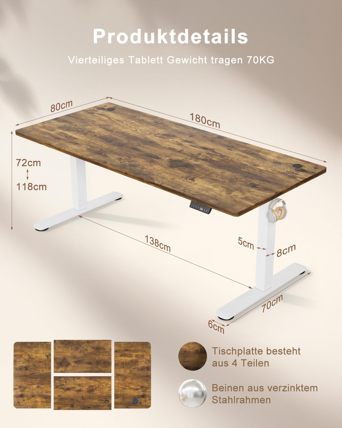 TRIUMPHKEY Höhenverstellbarer Schreibtisch 180x80 mit USB Ladeanschluss, 3 Memory-Steuerung groß Höhenverstellbarer Schreibtisch Anti-Kollision Computertisch Höhenverstellbarer Tisch 6