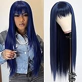 QD-Tizer Dark Blue Synthetic Hair Wigs with Full Bangs Blue Long Straight Women's Wig Heat Resistant Synthetic No Lace Wigs for Fashion Women 24 inch