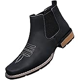 ENOEGMSD Men's Western Cowboy Chelsea Boots Classic Square Toe Cowboy Casual Work Ankle Boots Retro Stylish Slip On Casual Dress Boot