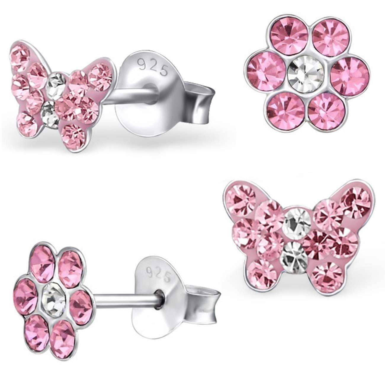 2 Pairs of Pink Stud Earrings Small Crystal Butterfly + Flower 925 Silver Girls Children Earrings, Glass Sterling Silver Enamel Glass Sterling silver, Crystal