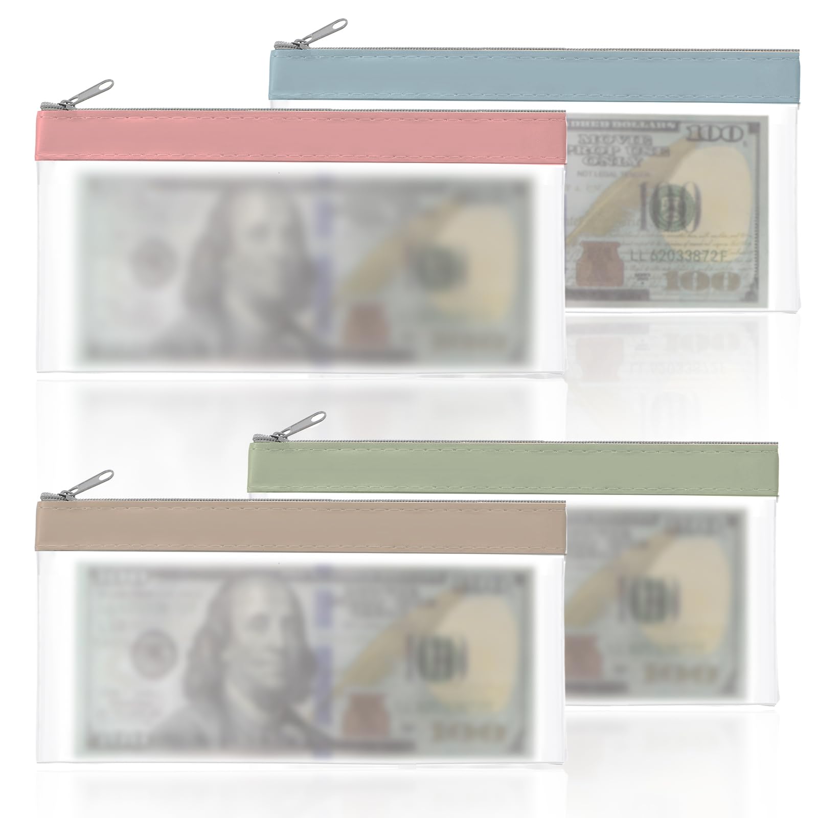 Xinjoduz 4 PCS Money Bags with Zipper, 8.3×4.1 Inch Money Envelope for Cash Saving, Clear Plastic Zipper Pouches, Saving Women Men Bank Deposit Bags for Collectors Office Supplies(4 Color)