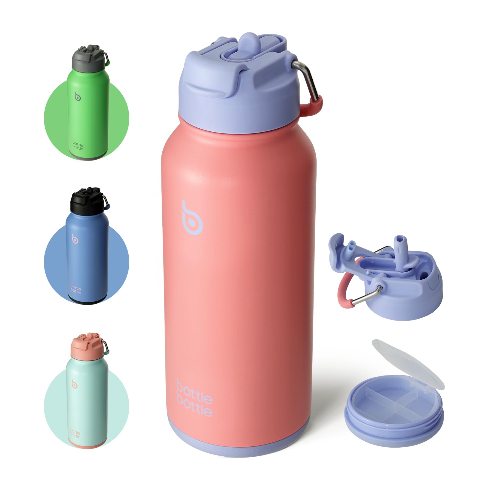 BOTTLE BOTTLE Insulated Water Bottle 950ml(32oz) Stainless Steel Sports Water Bottles with Straw Dual-use Lid Drink Flask Design for Gym with Pill Box (Lavender Dream)