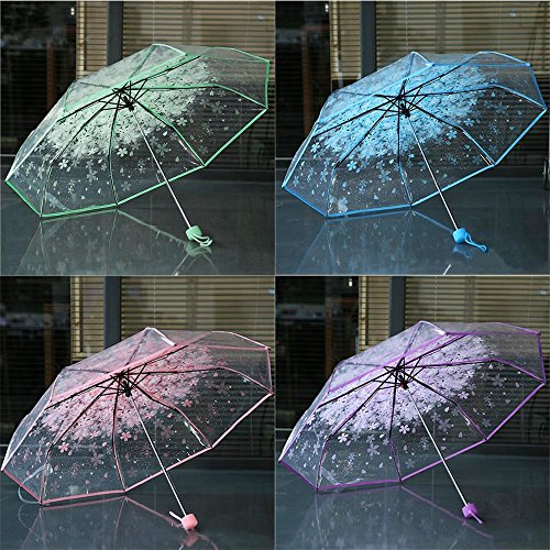 1pc Three Fold Umbrella Women Transparent Clear Cherry Blossom Mushroom Sakura Folding Sunshade Rain Umbrellas by Xiaolanwelc (Green)
