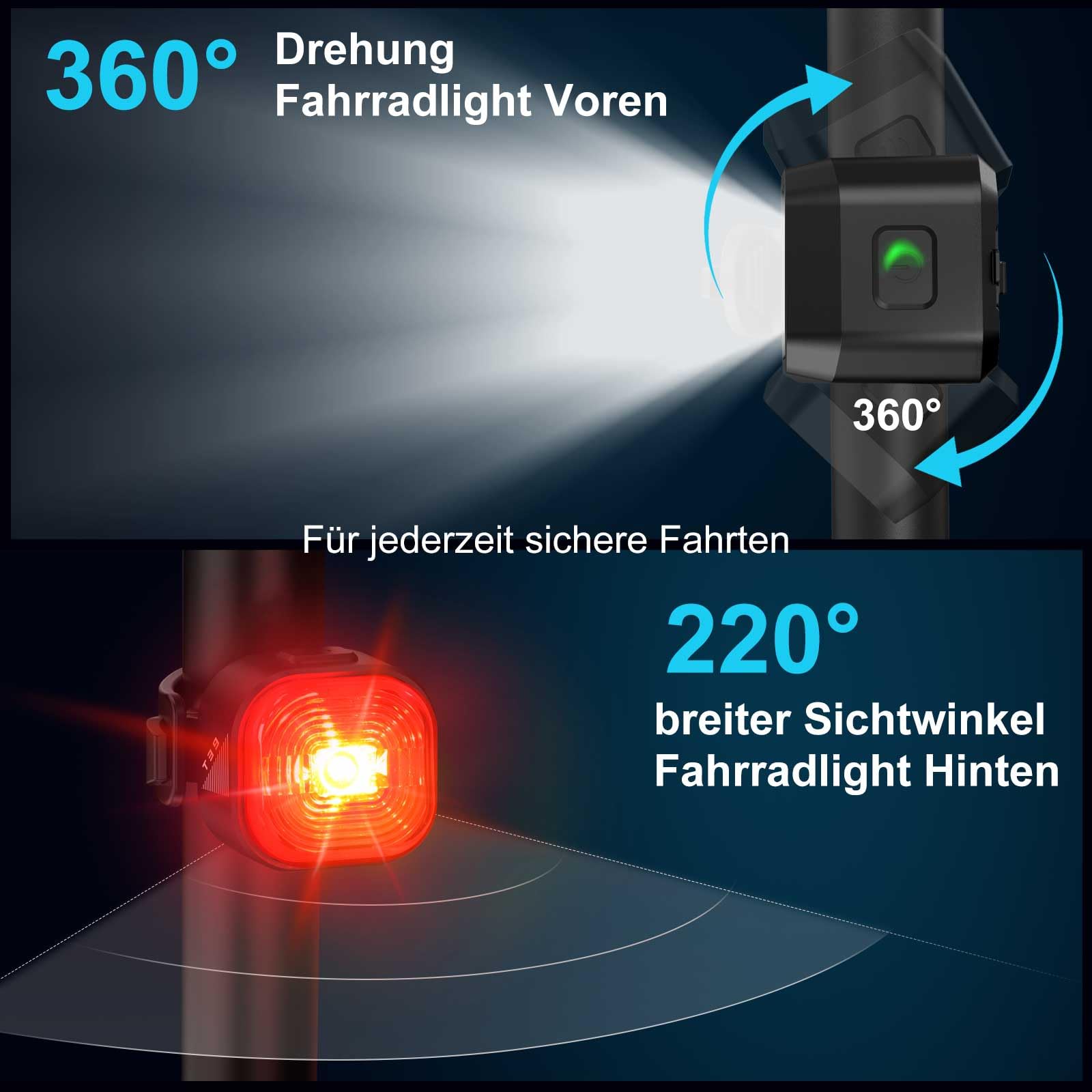 toptrek Fahrradlicht Set USB Aufladbar, StVZO zugelassen Fahrrad Lichter Led Set, IPX5 Wasserdicht Fahrradbeleuchtung Set, Batterie Aufforderung Schwach, Frontlicht & Rücklicht Set 7
