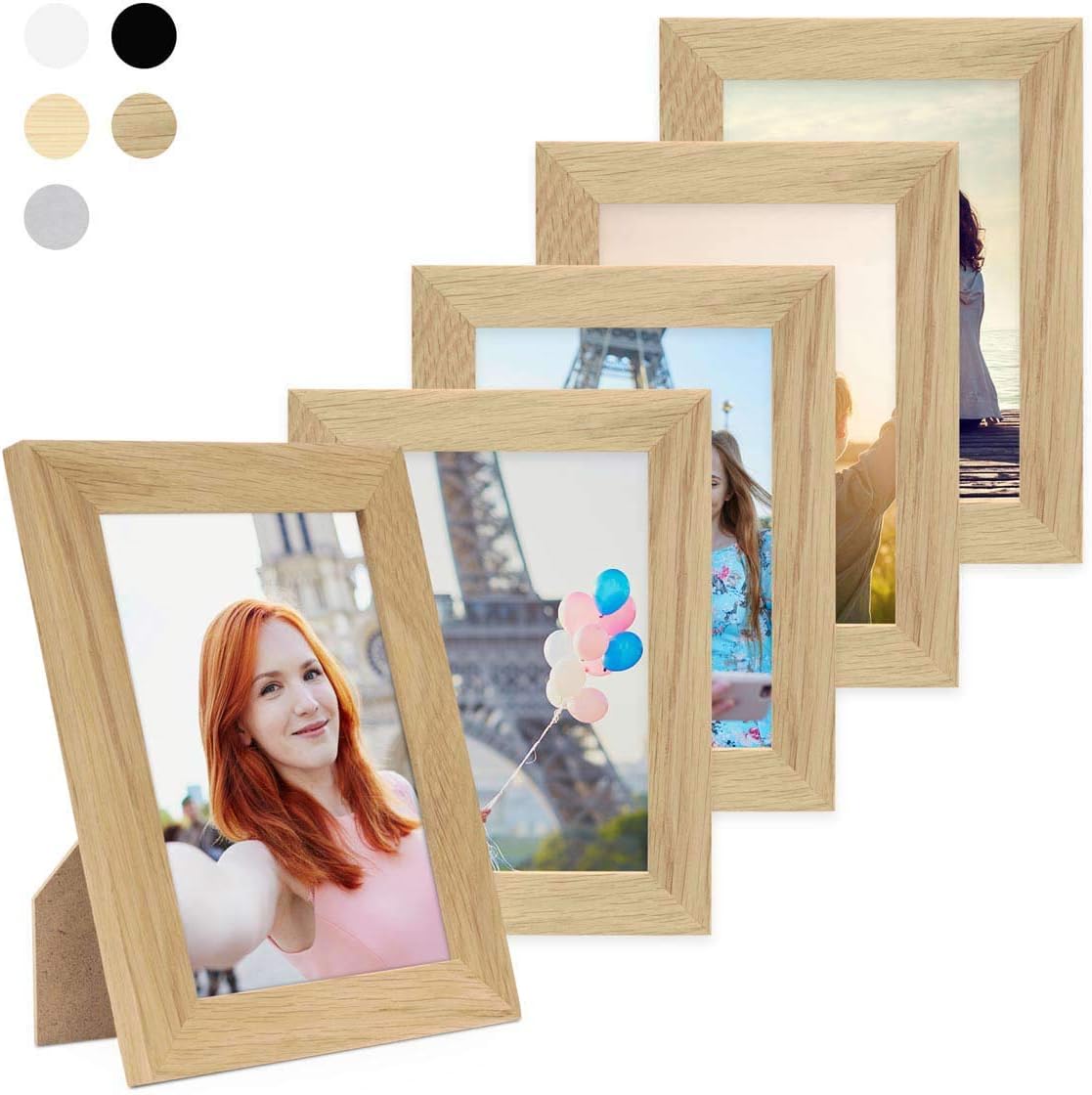 Set of 5 Picture Frames 13x18 cm / 7 x 5 Inch, Modern, in Oak Colour, Solid Wood, Basic Collection including Accessories/Photo Collage/Photo Gallery