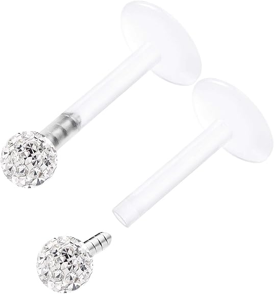 2PCS Bioflex Push in Clear Lip Ring Studs 16 Gauge 5/16 8mm