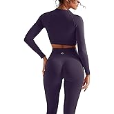 SUUKSESS Women 2 Piece Workout Sets Hidden Scrunch Hip Lifting Seamless Leggings Long Sleeve Yoga Crop Tops