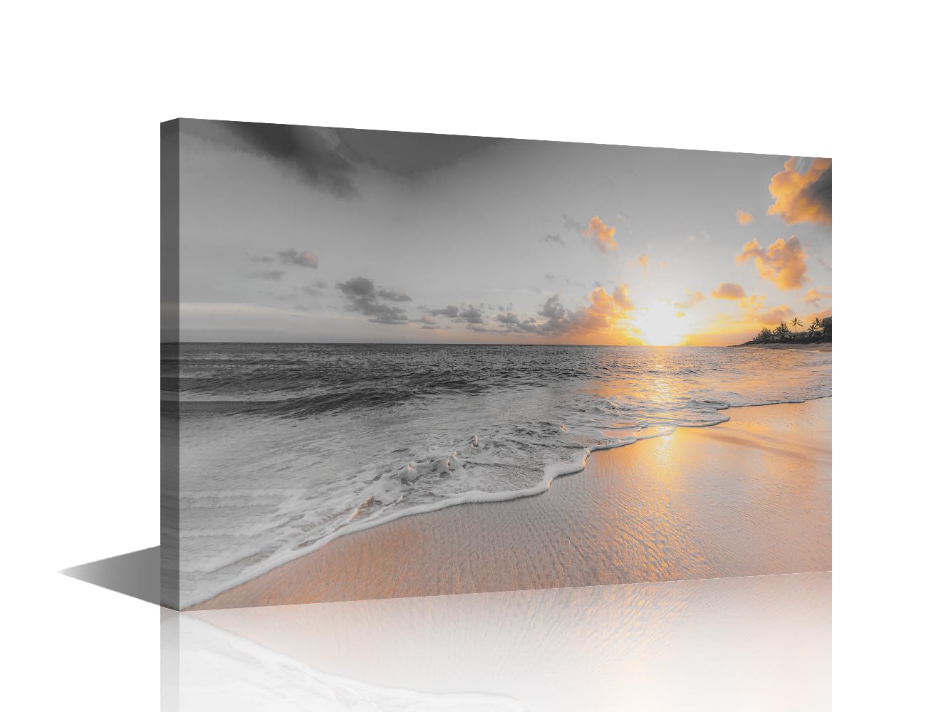 Black and White Canvas Wall Art Tropical Beach Sunset Picture for Living Room Kitchen Bedroom Modern Art wall Decor Seascape Stretched and Framed Ready to Hang(24X16in)