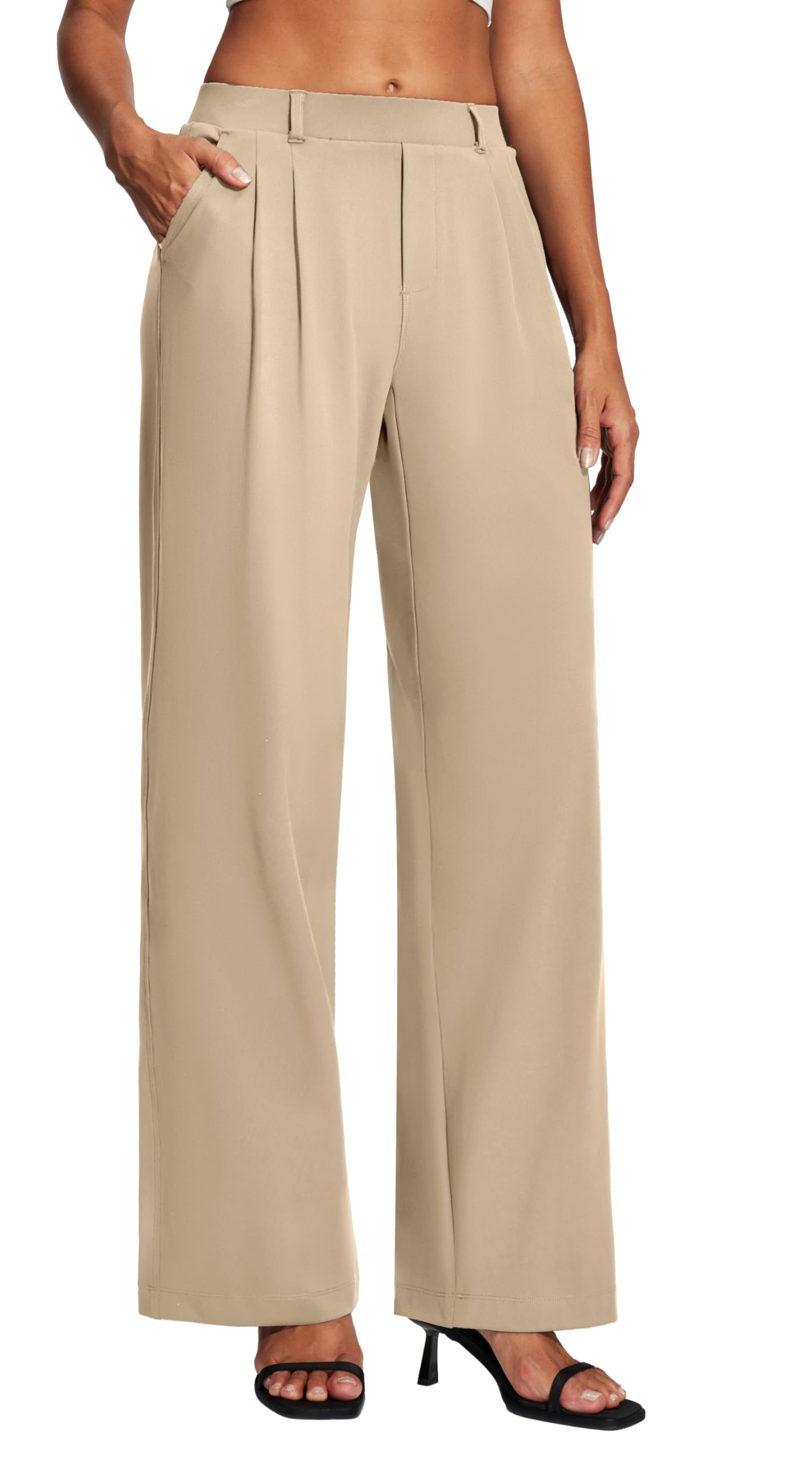 Heathyoga Womens Dress Pants Pull On Wide Leg Stretchy Work Pants Women Business Casual Outfits Slacks for Women Trousers Khaki Image