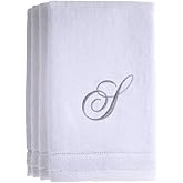 Monogrammed Towels Fingertip, Personalized Gift, 11 x 18 Inches - Set of 4- Silver Embroidered Towel - Extra Absorbent 100% Cotton- Soft Velour Finish - For Bathroom/ Kitchen/ Spa- Initial S (White)