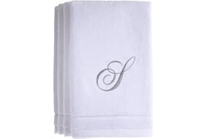 CREATIVE SCENTS Monogrammed Towels Fingertip, Personalized Gift, 11 x 18 Inches - Set of 4- Silver Embroidered Towel - Extra Absorbent 100% Cotton- Soft Velour Finish - For Bathroom/ Kitchen/ Spa- Initial S (White)