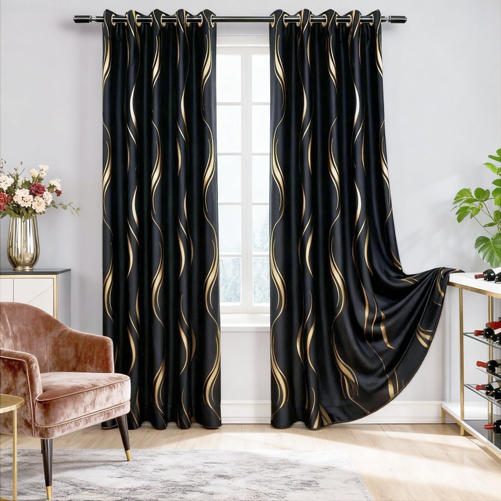 MYRU 2-Panel Luxury Blackout Curtains with Gold Wave Pattern - 66x90 Inches Set of 2, Elegant Light Blocking Curtains for Living Room & Bedroom, Noise Reducing Home Decor with Black & Gold Design