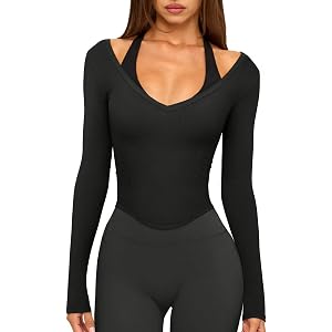 LASLULU Womens Sexy V-Neck Long Sleeve Workout Tops Ribbed Crop Tops | Off the Shoulder Layering Tops,Cropped Fitted Athletic