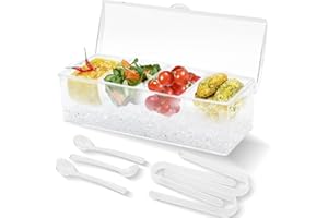 MFBJXC Chilled Condiment Server with 4 Compartments, Bar Condiment Organizer on Ice with Lid, Clear Serving Bar Compartments Box Tray