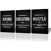 BWSPACE Motivational Wall Decor Grind Hustle Execution Wall Art Office Wall Decor Posters for Men 3 Pieces Framed Canvas Wall Prints Artwork Home Gym Bedroom Ready to Hang