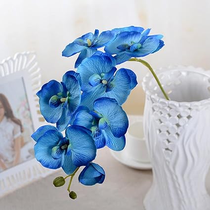 Woopower 1 X Bouquet De Fleurs Artificielles Orchidées Papillon En Soie Bouquet Décoratif Idéal Pour Décorer Votre Salon Pour Un Mariage Bleu