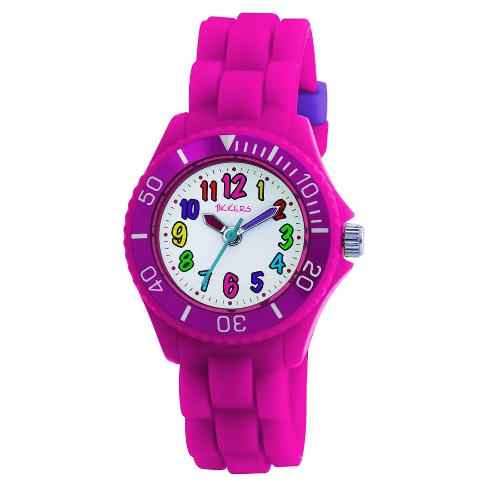 Tikkers Kids Fluorescent Pink Rubber/Silicon Strap Watch with Bright Funky Coloured Numbers TK0011