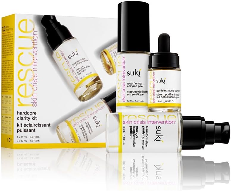 Suki Skincare Hardcore Clarity Kit, Transformative Purifying Masque, Resurfacing Enzyme Peel, Purifying Face Serum