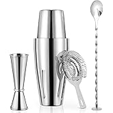 X Home Cocktail Shaker Set, Professional 4-Piece Bartender Kit with Boston Shaker, Hawthorne Strainer, Double Measuring Cocktail Jigger, and 10-inch Mixing Spoon, Bartender's Choice