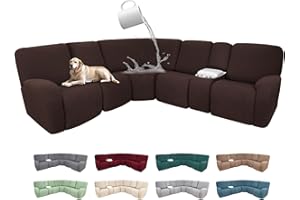 ROFASVCO 100% Waterproof Sectional Recliner Couch Covers for Reclining Couch L Shaped Corner Sectional Sofa Cover Jacquard Stretch L Shape Recliner Slipcovers (5 Seater 1 Console Cover, Dark Brown)