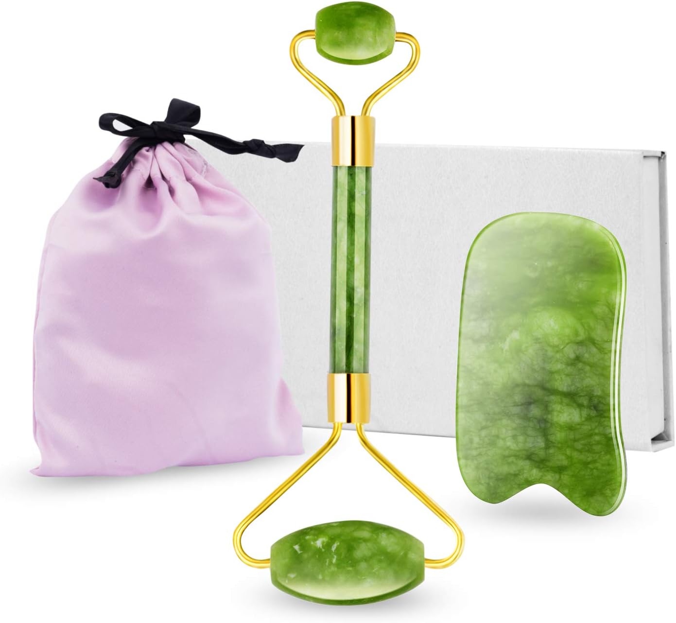 Jade Roller, 100% Real Jade, 2 in 1 Jade Rolling and Gua Sha Kit for Face Massager, Wrinkles, Anti Aging- Authentic, Durable, Natural, No Squeaks