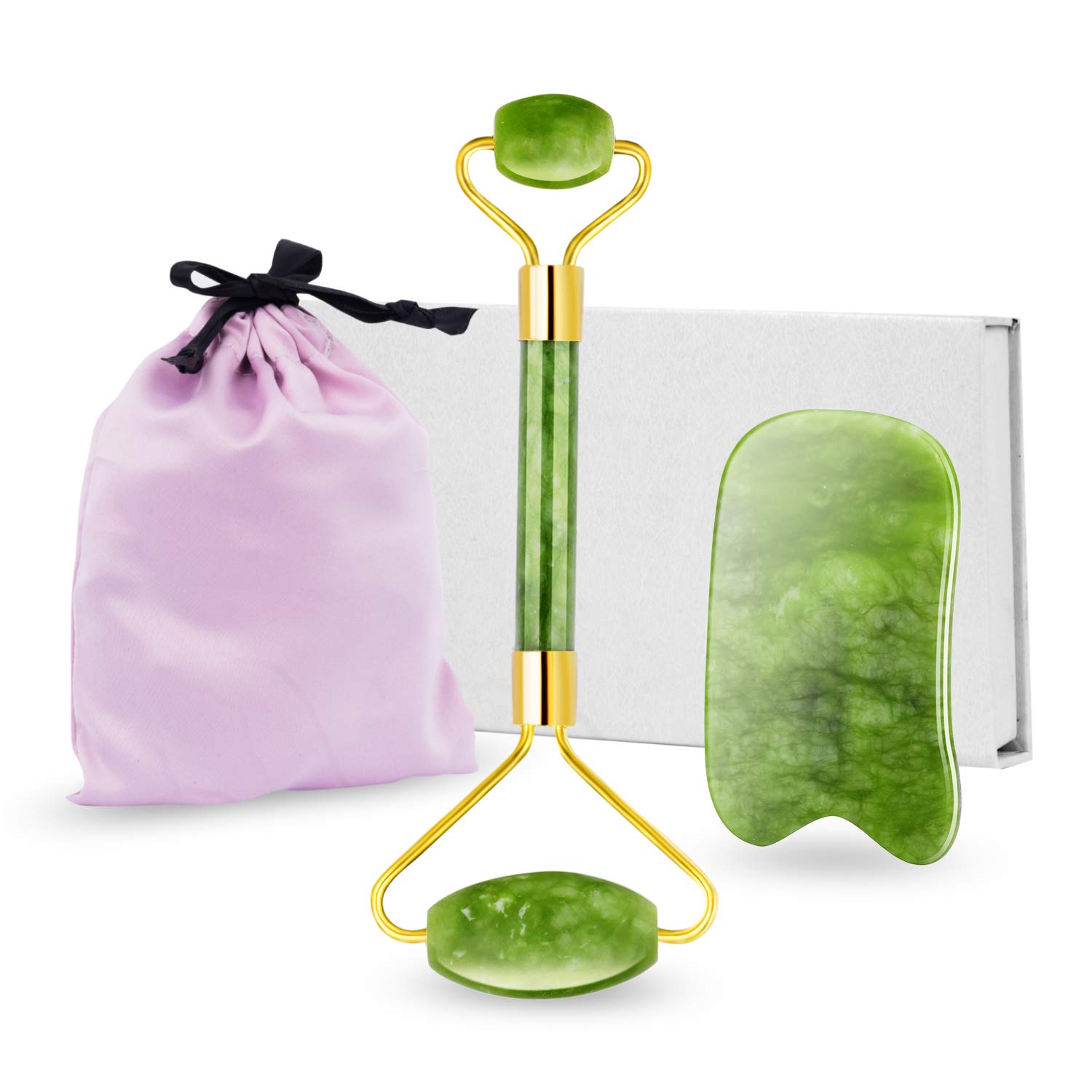 Jade Roller, 100% Real Jade, 2 in 1 Jade Rolling and Gua Sha Kit for Face Massager, Wrinkles, Anti Aging- Authentic, Durable, Natural, No Squeaks
