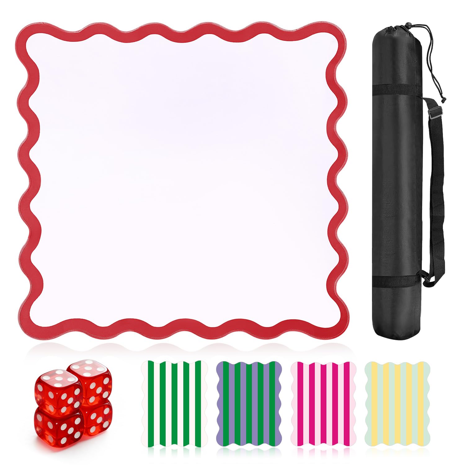 32.4in Scalloped Mahjong Mat，Anti Slip Noise Reduction Mahjong Accessorie Mahjong Table Mat，Majiong Mat For Travel，Comes With 4 Dice And 1 Mahjong Mat Storage Bag,4 Mahjong Shuffle Cards (Red)