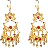 Boho Ball Tassel Statement Dangle Earrings for Women Gold-Tone Plated Vintage Flower Beaded Chandelier Drop Dangling Earring Red Crystal Cubic Zirconia Indian Bollywood Jewelry for Jhumka Festival Holiday