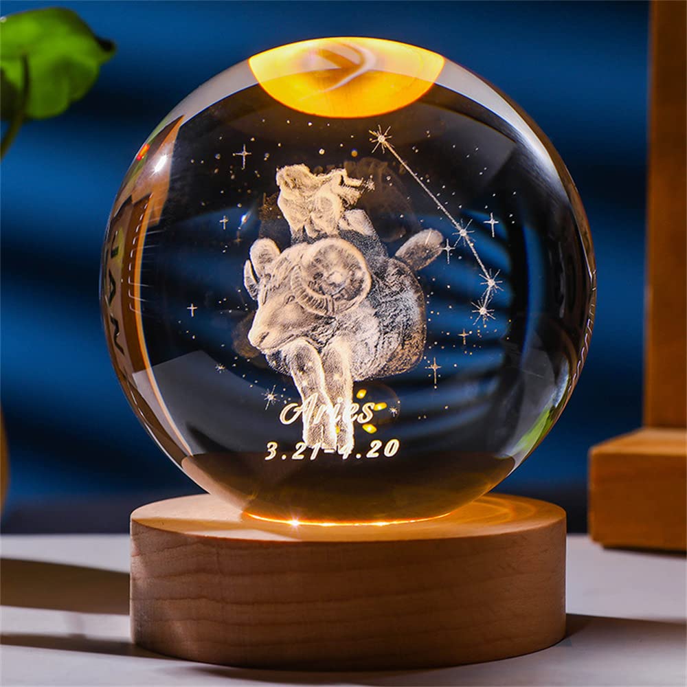 Besot Laser Engraved Zodiac Sign Crystal Ball Miniature 3D Crystal Craft Decoration Glass Sphere Home Decoration Accessories Gift (Aries, 3.15 Inches)