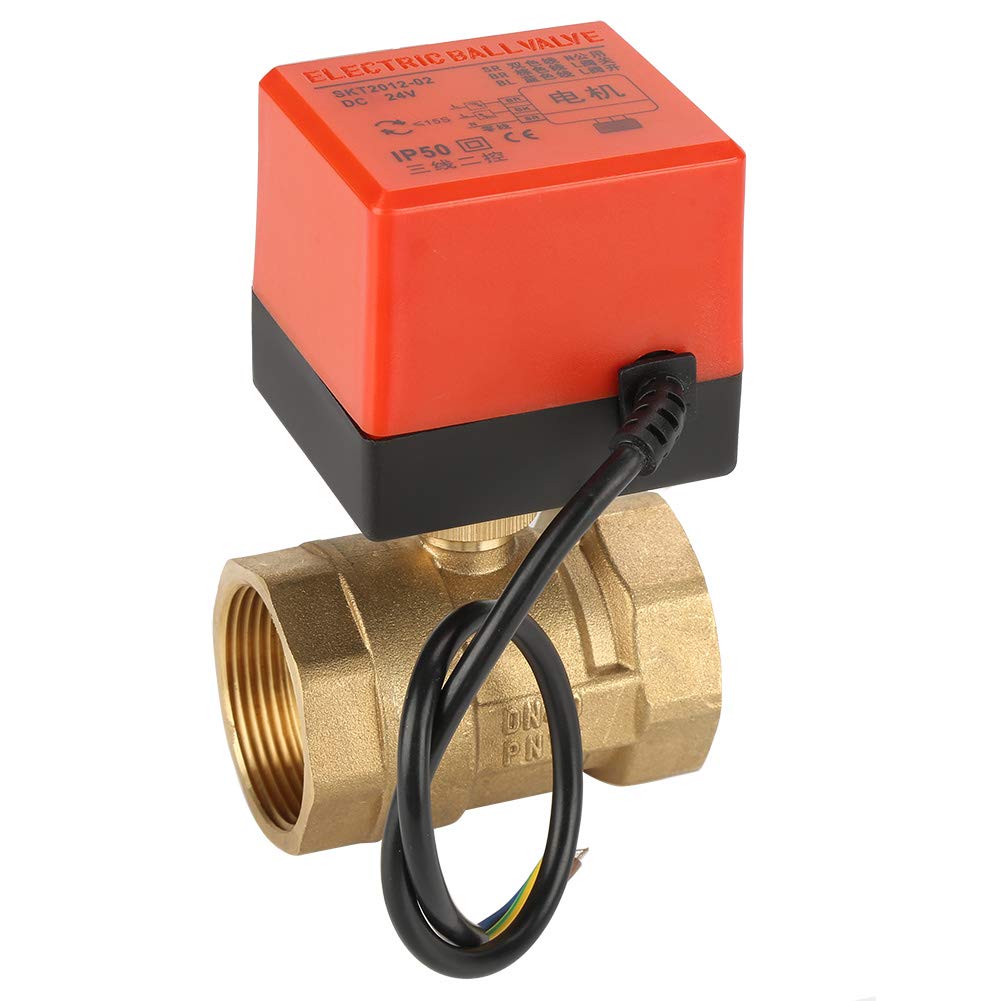 Motorized Ball Valve, DN40 G1-1/2 DC 24V 2 Way 3 Wire Brass Motorized Ball Valve Electrical Ball Valve with Actuator for Fan Coil and Water Control System of Air Conditioner