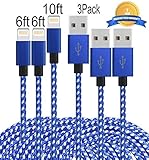 Mribo 3pcs (6+6+10)ft Popular Lightning Cable Nylon Braided Extra Long USB Cord Charging Cable for iPhone 7/7plus,6s, 6s plus, 6plus, 6,5s ,iPad,iPod(white &blue).