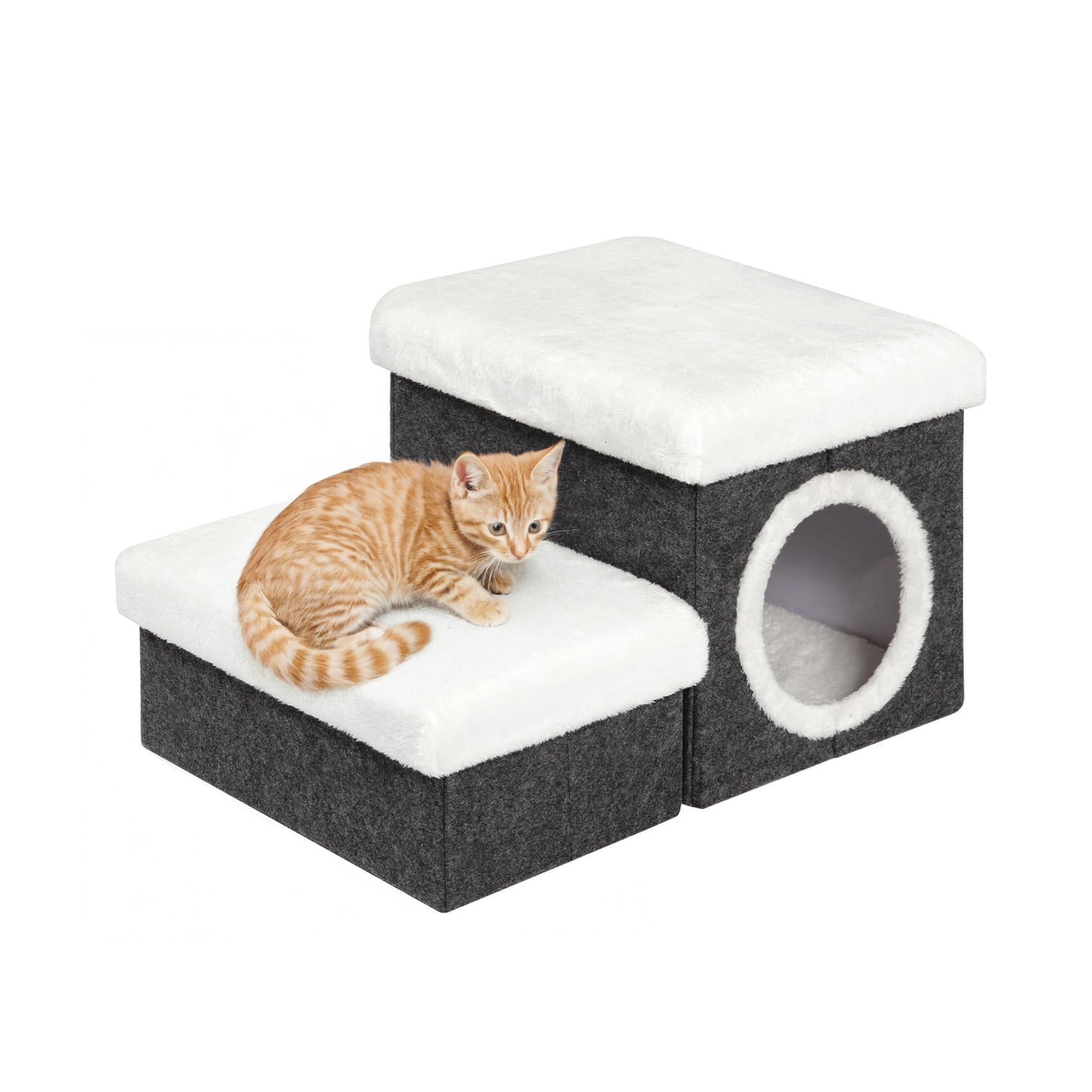 Photo 1 of B FSOBEIIALEO Cat House Pet Stairs for Beds Sofa, Foldable Dog Steps 2-Tier With Storage Toy Box, Small Indoor Pet Steps Grey 15.7x12.6x12.6 Inches