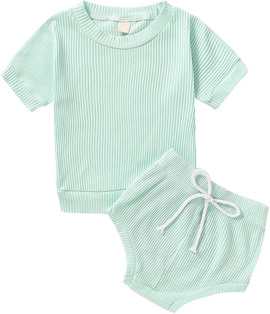 Shimigy Toddler Kids Baby Girls Boys Solid T Shirt Tops Bow Shorts 2PCS Outfits Set