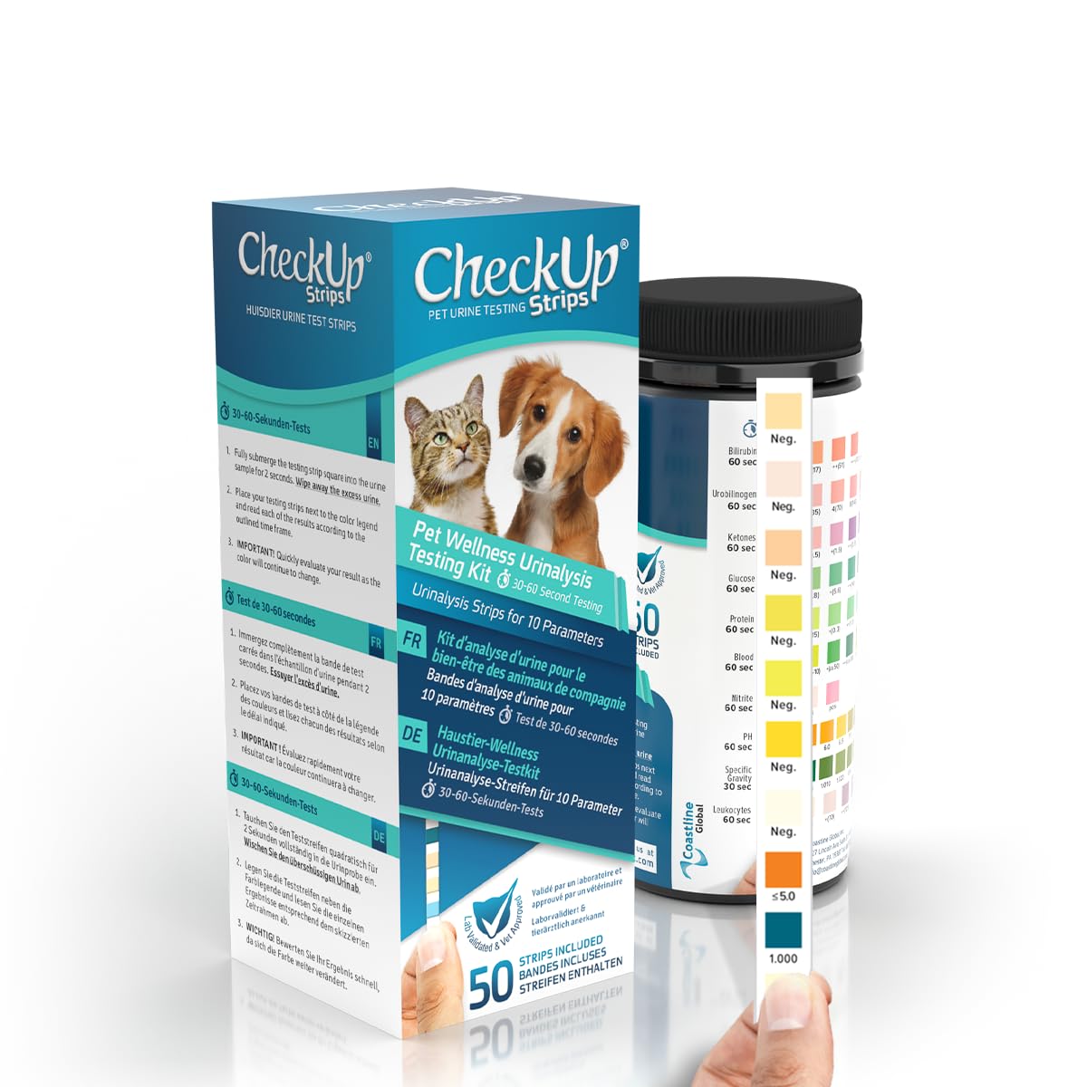 KIT4CAT CheckUp 10 Parameters Urine Testing Strips for Cats and Dogs x 50 - Detects Urobilinogen, Glucose, Bilirubin, Ketone, Specific Gravity, Blood, pH, Protein, Nitrite, Leukocytes