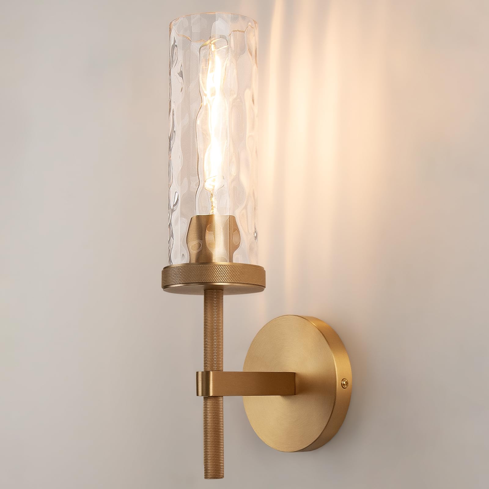 Photo 1 of vookea 15" Knurled Brass Wall Sconce with Water Ripples Glass Tube, Gold Bathroom Vanity Light Fixtures, Modern Lamp Lighting for Bedroom, Living Room, Hallway, Staircase, Mirror, Kitchen
