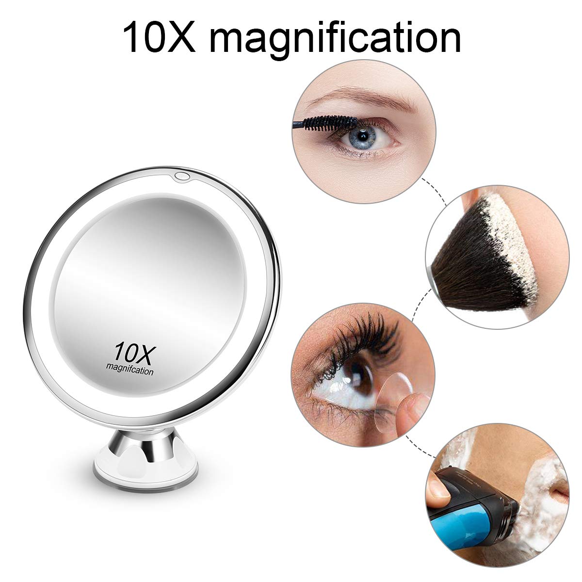 KOOLORBS 10X Magnifying Makeup Mirror with Lights, 3 Color Lighting, Intelligent Switch, 360 Degree Rotation, Powerful Suction Cup, Portable, Good for Tabletop, Bathroom, Traveling: Beauty